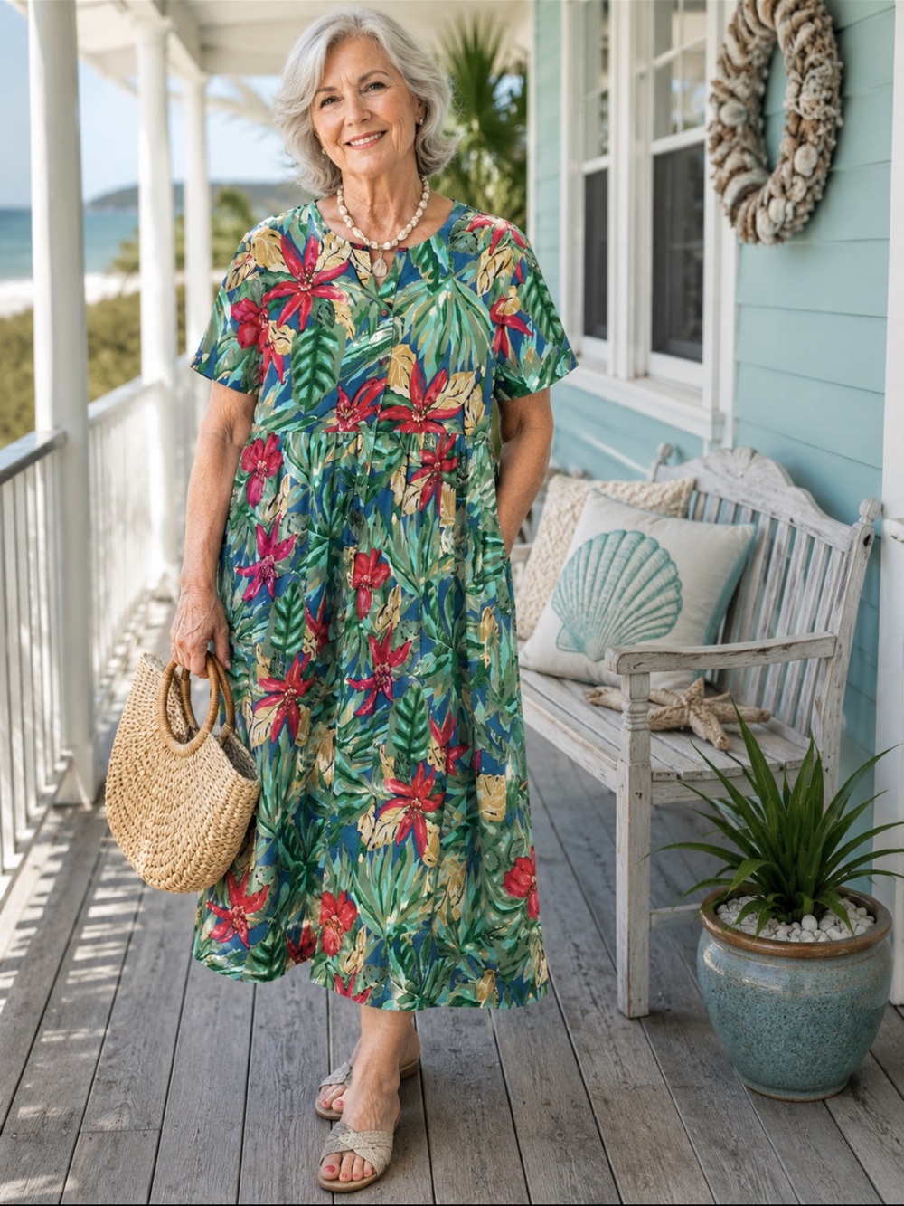 Tropical Floral Midi Dress in Green with Red Accents